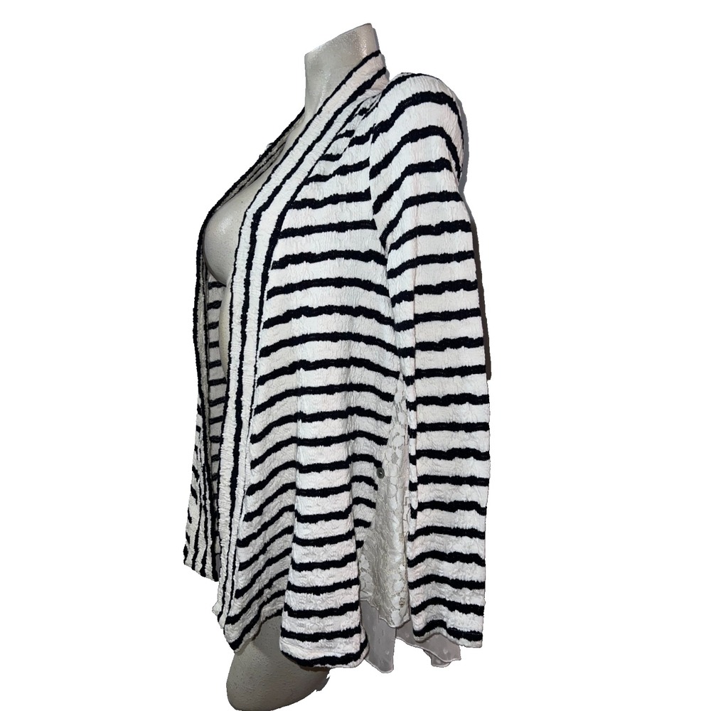 Anthropologie Postmark Striped Lace Hem Open Front Cardigan Black White Small - Picture 4 of 9